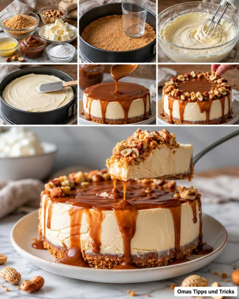 Cremiger Karamell-Erdnuss-Cheesecake ohne Backen – unwiderstehlich cremig und herrlich knusprig