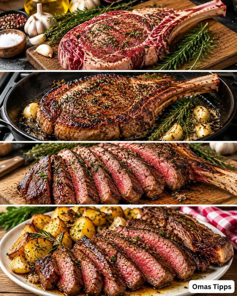 Saftiges Tomahawk-Steak aus der Pfanne – außen kräftig gebraten, innen zart und rosa
