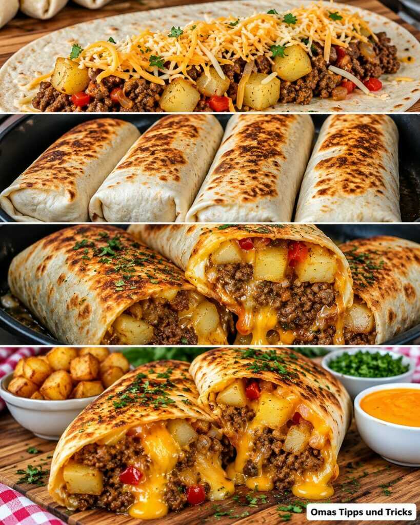 Knusprige Cheeseburger-Burritos mit Hackfleisch und Kartoffeln – herzhaft gefüllt und herrlich käsig