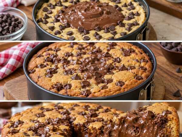 Gefüllter Cookie-Kuchen mit flüssigem Schokoladenkern – außen goldbraun, innen unwiderstehlich weich