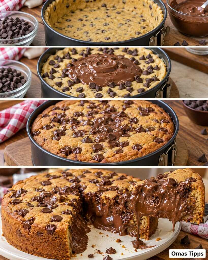 Gefüllter Cookie-Kuchen mit flüssigem Schokoladenkern – außen goldbraun, innen unwiderstehlich weich