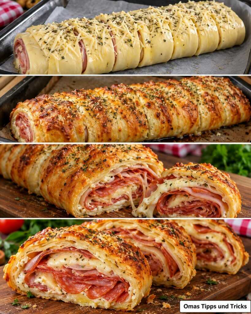 Knusprige Schinken-Salami-Käse-Rolle aus Blätterteig – außen goldbraun, innen herrlich geschmolzen