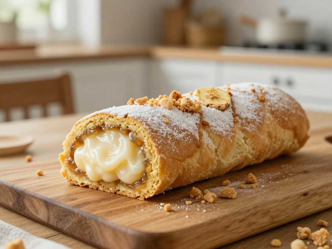 Bananen-Karamell-Biskuitrolle mit Vanillecreme und Keks-Crunch