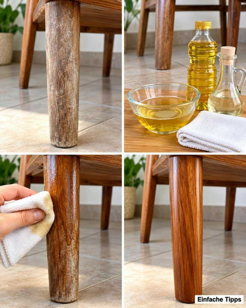 Zerkratzte Holzmöbel wieder schöner machen: So pflegst du stumpfe Tisch- und Stuhlbeine richtig