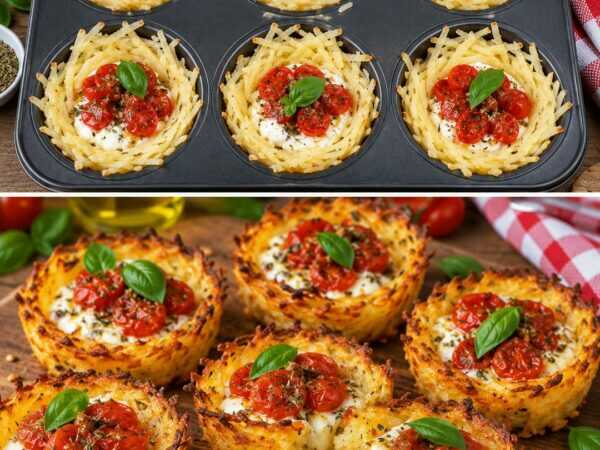 Knusprige Kartoffelnester mit Tomaten und cremigem Käsekern – der herzhafte Ofen-Hit aus der Muffinform