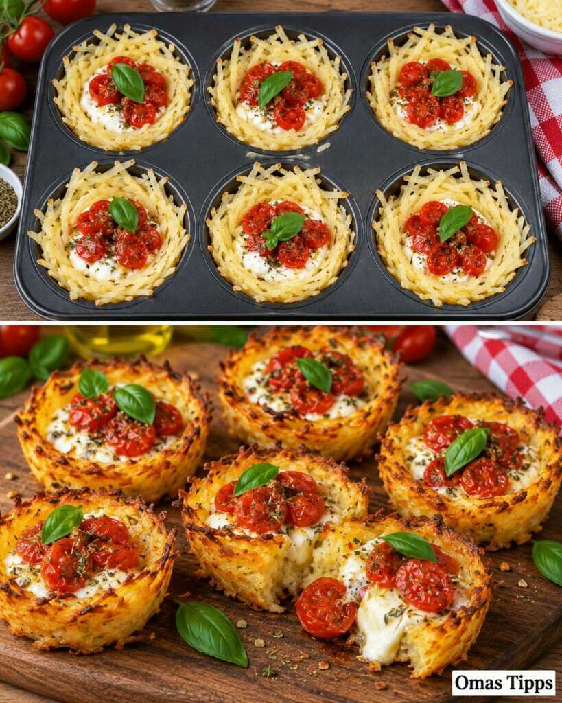 Knusprige Kartoffelnester mit Tomaten und cremigem Käsekern – der herzhafte Ofen-Hit aus der Muffinform