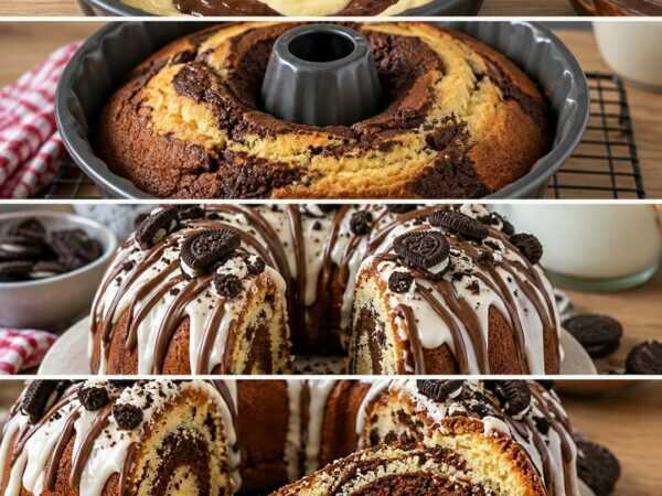 Saftiger Oreo-Marmorkuchen mit weißer Schokoglasur – der cremige Gugelhupf für Schoko-Fans
