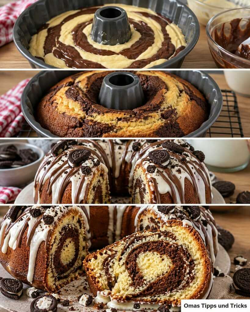 Saftiger Oreo-Marmorkuchen mit weißer Schokoglasur – der cremige Gugelhupf für Schoko-Fans