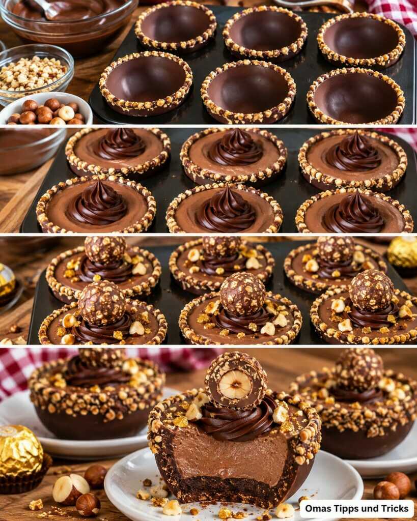 Ferrero-Rocher-Schoko-Cups ohne Backen – cremige Haselnuss-Träumchen mit knackiger Schokohülle