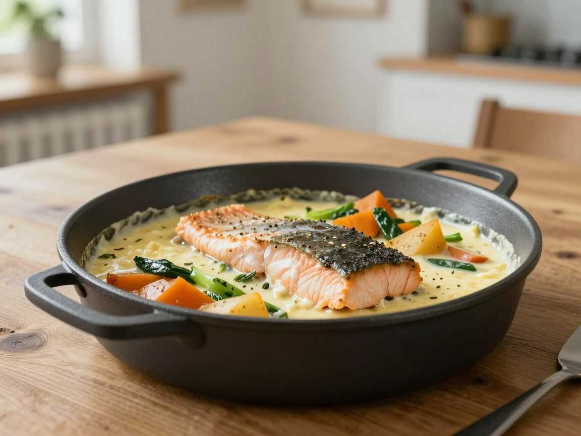 Cremige Fischpfanne mit Lachs, Weißfisch und Gemüse – herrlich zart aus dem Ofen