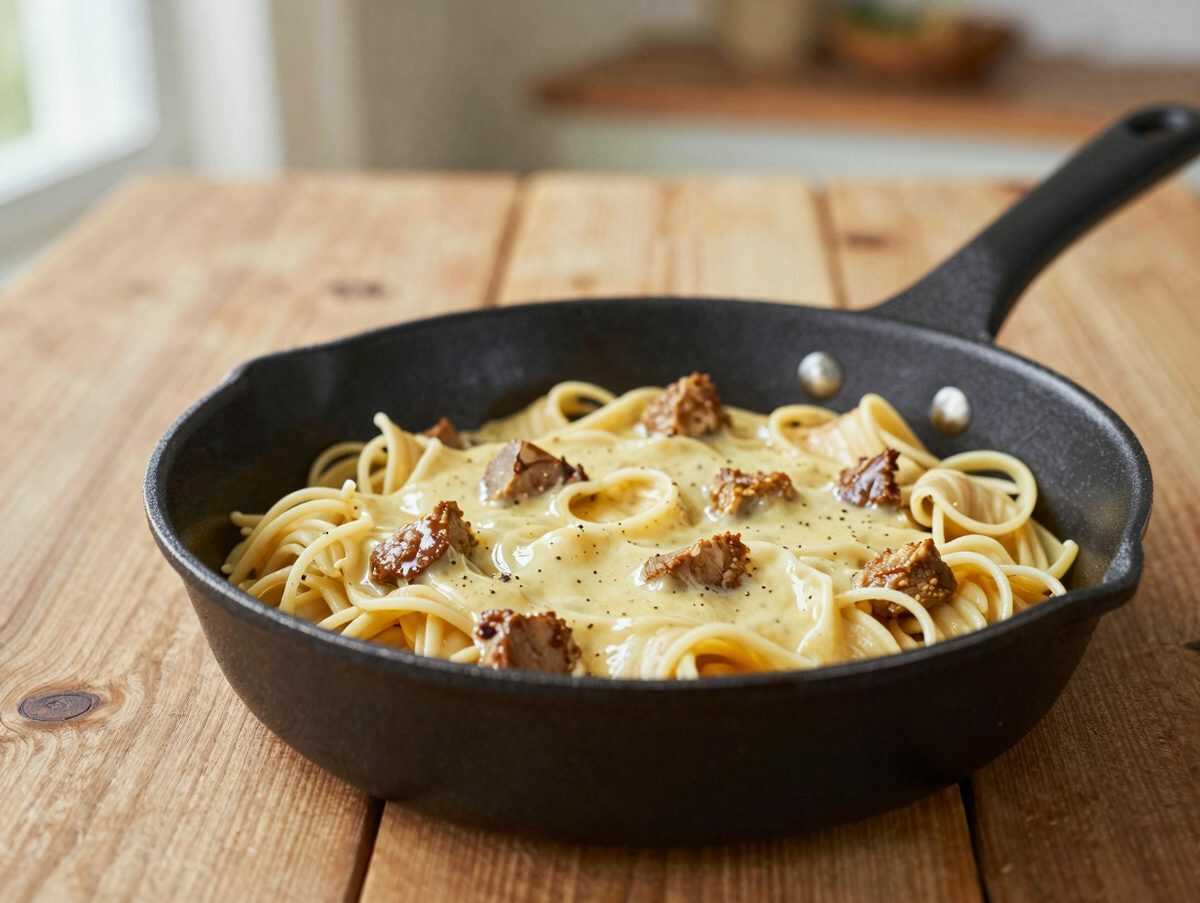Cremige Hähnchen-Pilz-Spaghetti aus einer Pfanne – herrlich sämig und perfekt für die ganze Familie