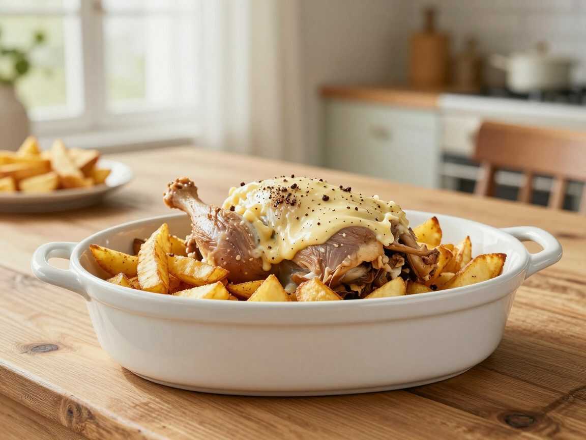 Cremiges Ofen-Hähnchen mit knusprigen Kartoffel-Pommes – saftig, würzig und herrlich einfach