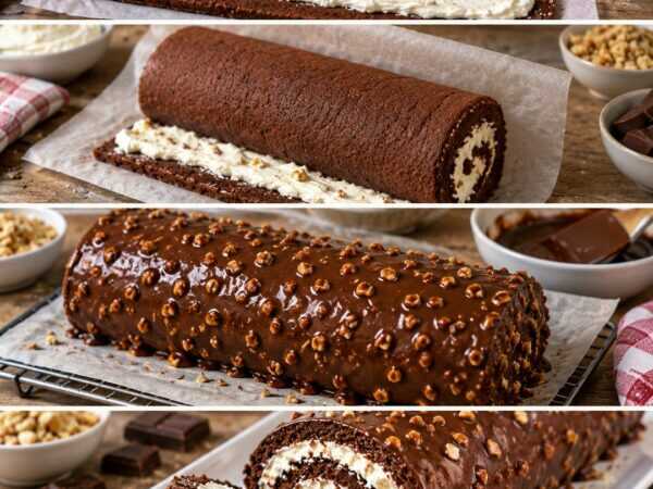 Schoko-Sahne-Rolle mit Haselnuss-Knusperglasur – cremig, saftig und herrlich schokoladig