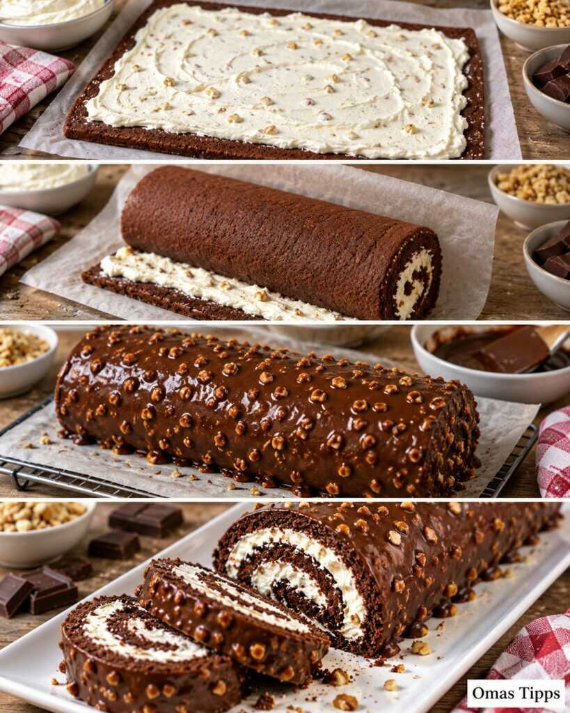 Schoko-Sahne-Rolle mit Haselnuss-Knusperglasur – cremig, saftig und herrlich schokoladig