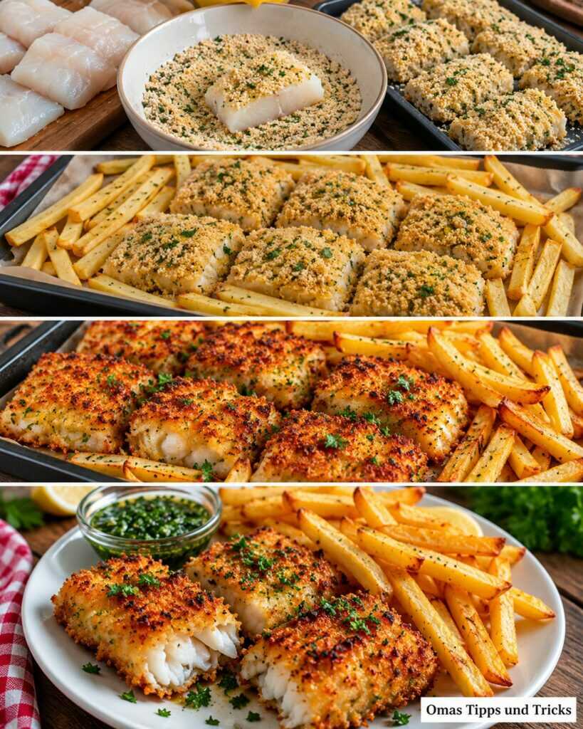 Knuspriger Ofenfisch mit goldenen Kartoffelpommes – außen kross, innen wunderbar saftig