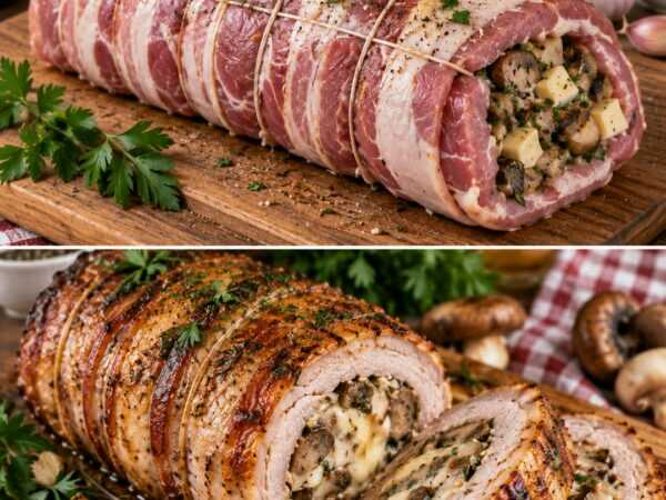 Saftiger Schweinerollbraten mit Pilzen, Käse und Speck – herzhaft gefüllt und knusprig gebraten