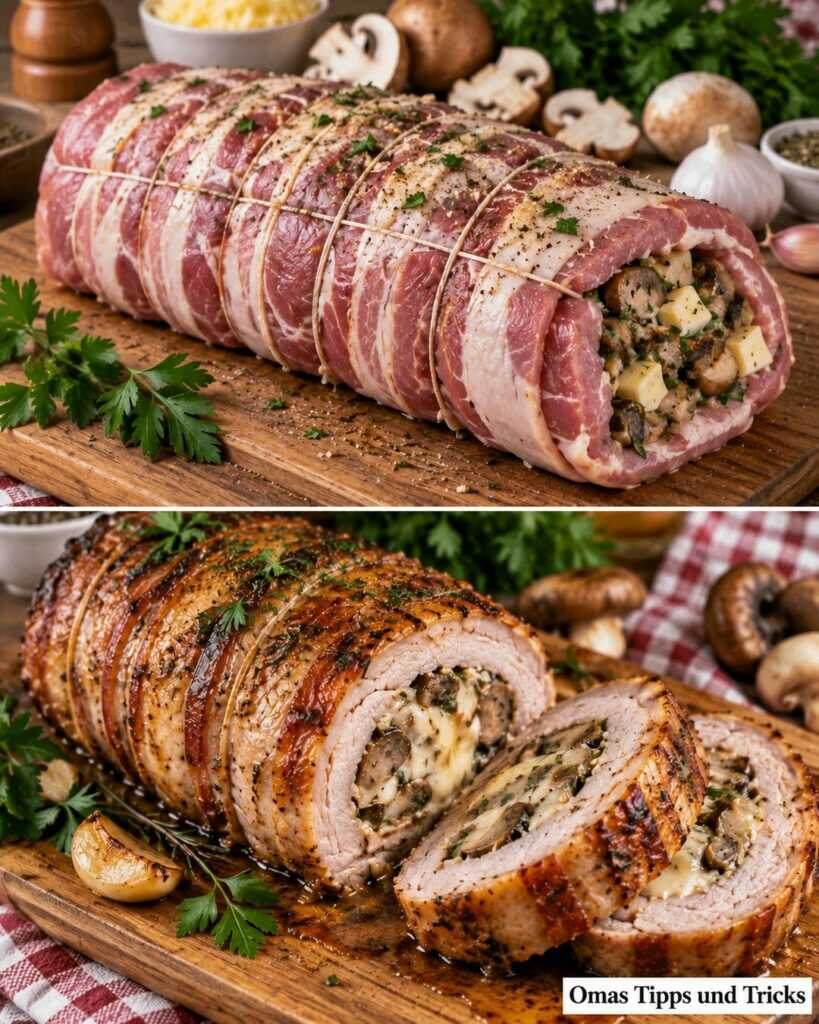 Saftiger Schweinerollbraten mit Pilzen, Käse und Speck – herzhaft gefüllt und knusprig gebraten