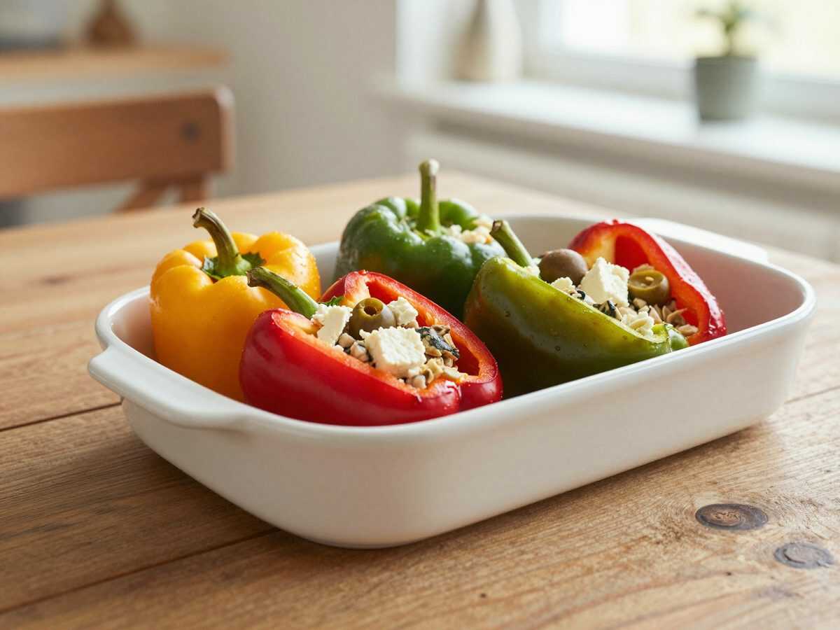 Diese gefüllten Paprika aus dem Ofen sind so saftig und würzig – mit Thunfisch, Feta und Oliven ein echtes Familienessen