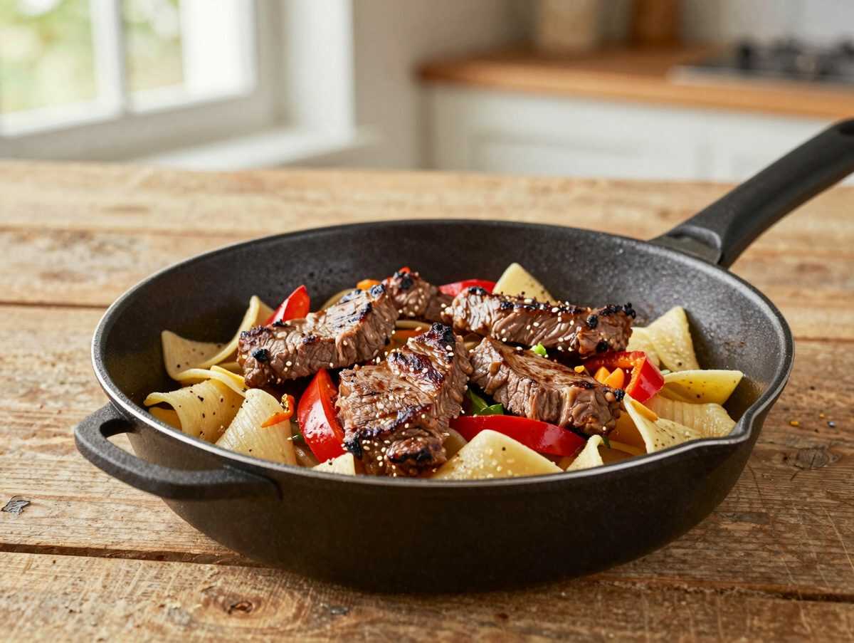 Diese Rindfleisch-Pasta aus der Pfanne macht alle satt: saftige Steakstücke, Paprika und eine würzige Sauce