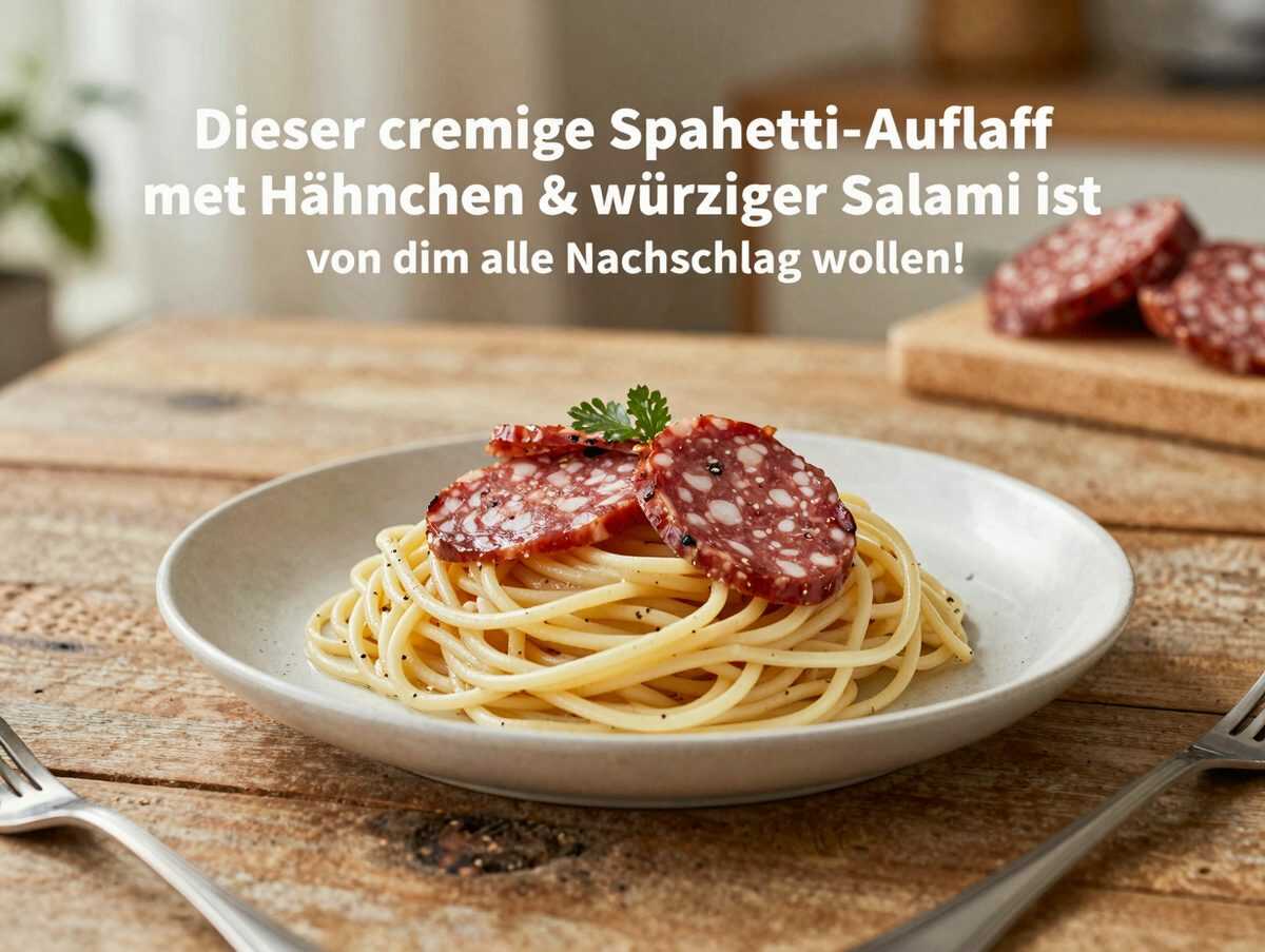 Dieser cremige Spaghetti-Auflauf mit Hähnchen & würziger Salami ist das Familienessen, von dem alle Nachschlag wollen!