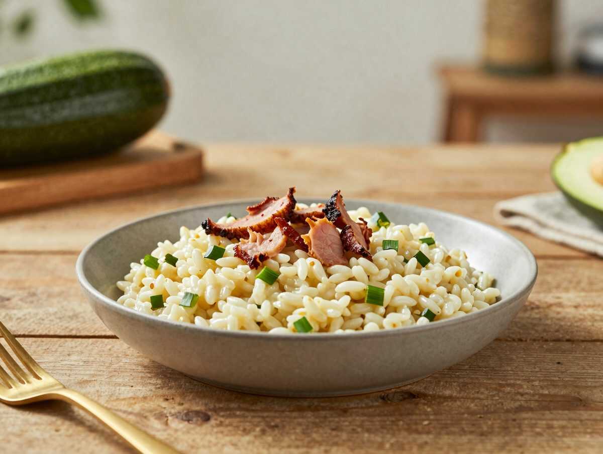 Dieses cremige Zucchini-Risotto mit knusprigem Schinken macht garantiert Lust auf einen zweiten Teller