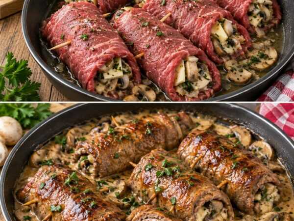Saftige Rinderrouladen mit Champignons und Käse – herrlich cremig aus der Pfanne