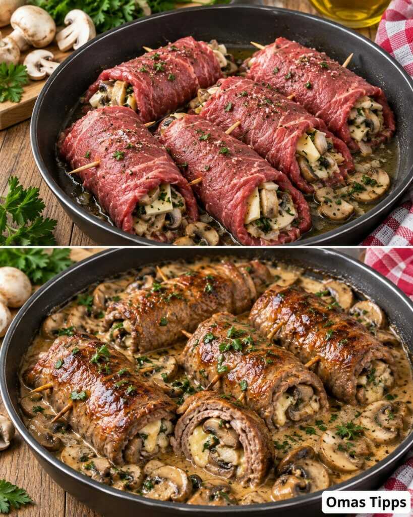 Saftige Rinderrouladen mit Champignons und Käse – herrlich cremig aus der Pfanne