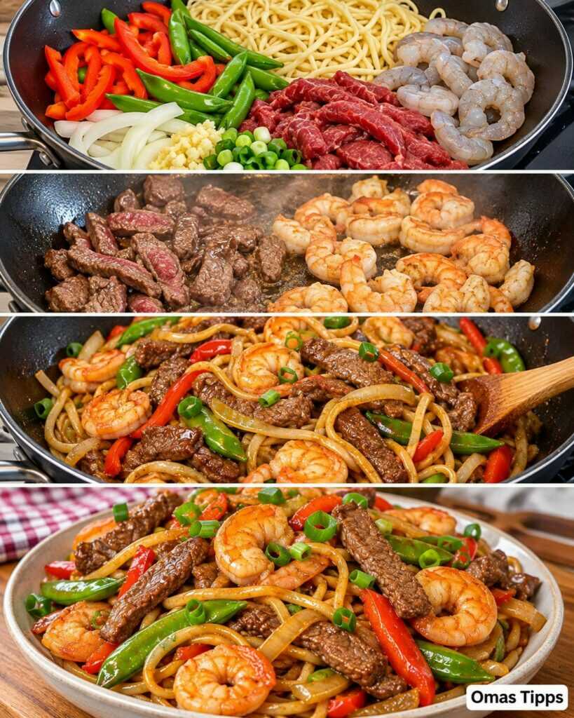 Saftige Asia-Nudelpfanne mit Rind, Garnelen und knackigem Gemüse