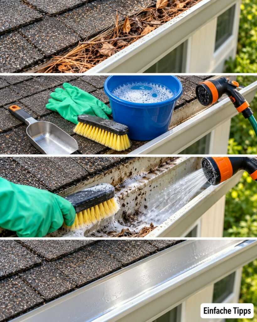 Dachrinne voller Laub und Schmutz? So wird sie wieder sauber und das Regenwasser kann ungehindert ablaufen