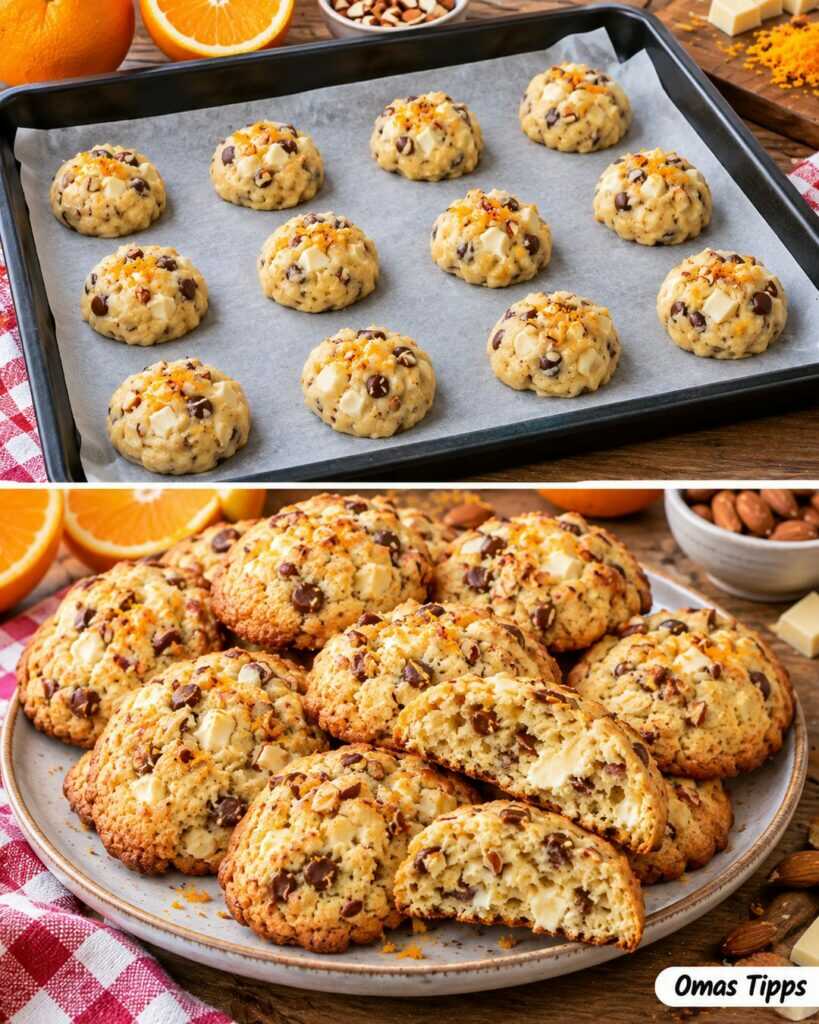 Orangen-Cookies mit weißer Schokolade und Mandeln – außen goldbraun, innen herrlich weich