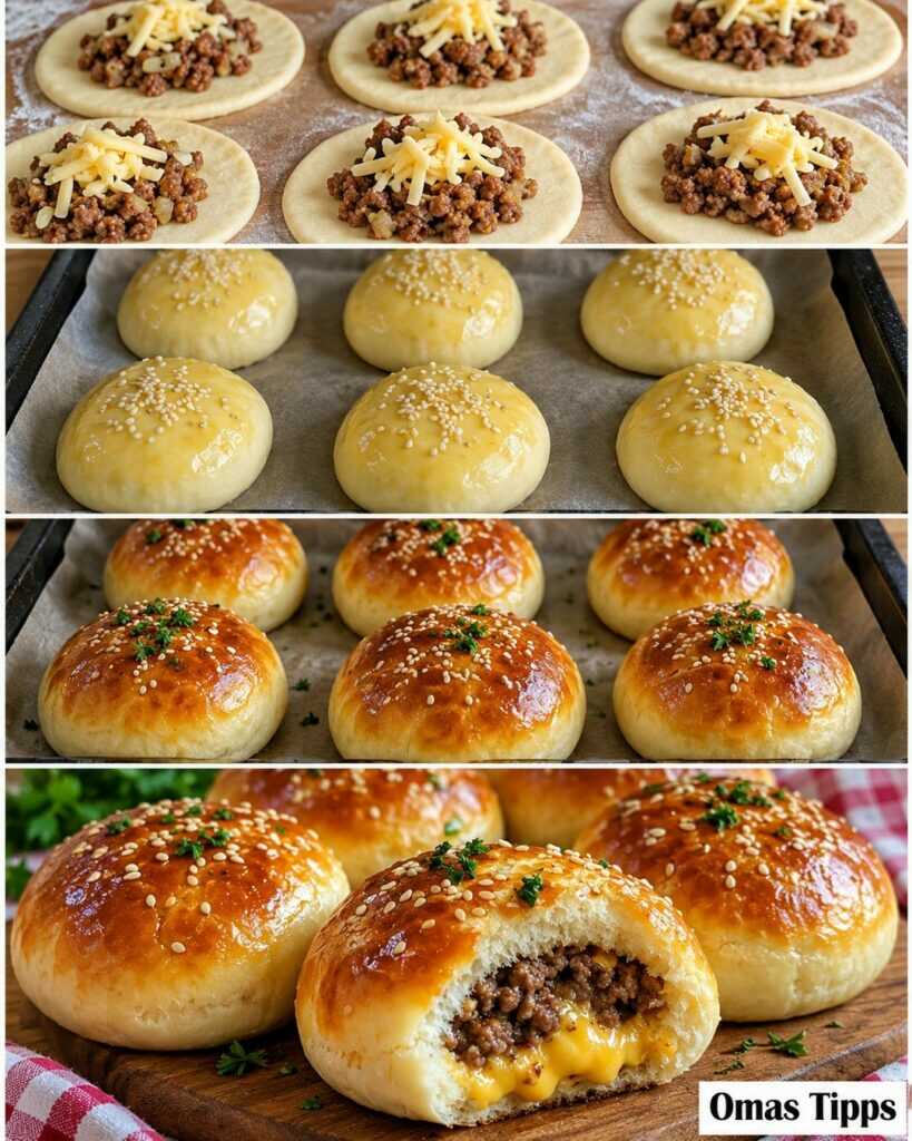 Saftige Cheeseburger-Buns aus dem Ofen – fluffige Brötchen mit würziger Hackfleisch-Käse-Füllung