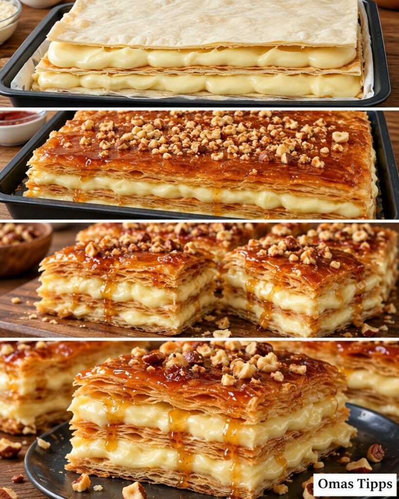 Knuspriger Blätterteig-Kuchen mit Vanillecreme, Honig und Nüssen