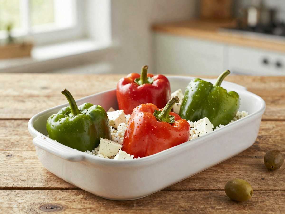 Gefüllte Paprika aus dem Ofen: Mediterran mit Reis, Feta und Oliven