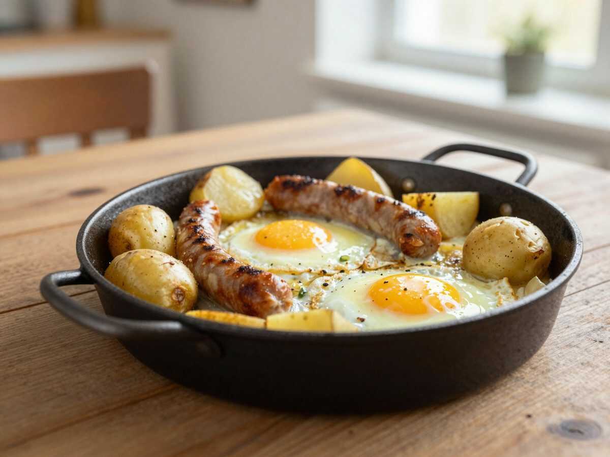 Herzhafte Bauernpfanne mit Würstchen, Kartoffeln und Eiern – knusprig aus dem Ofen