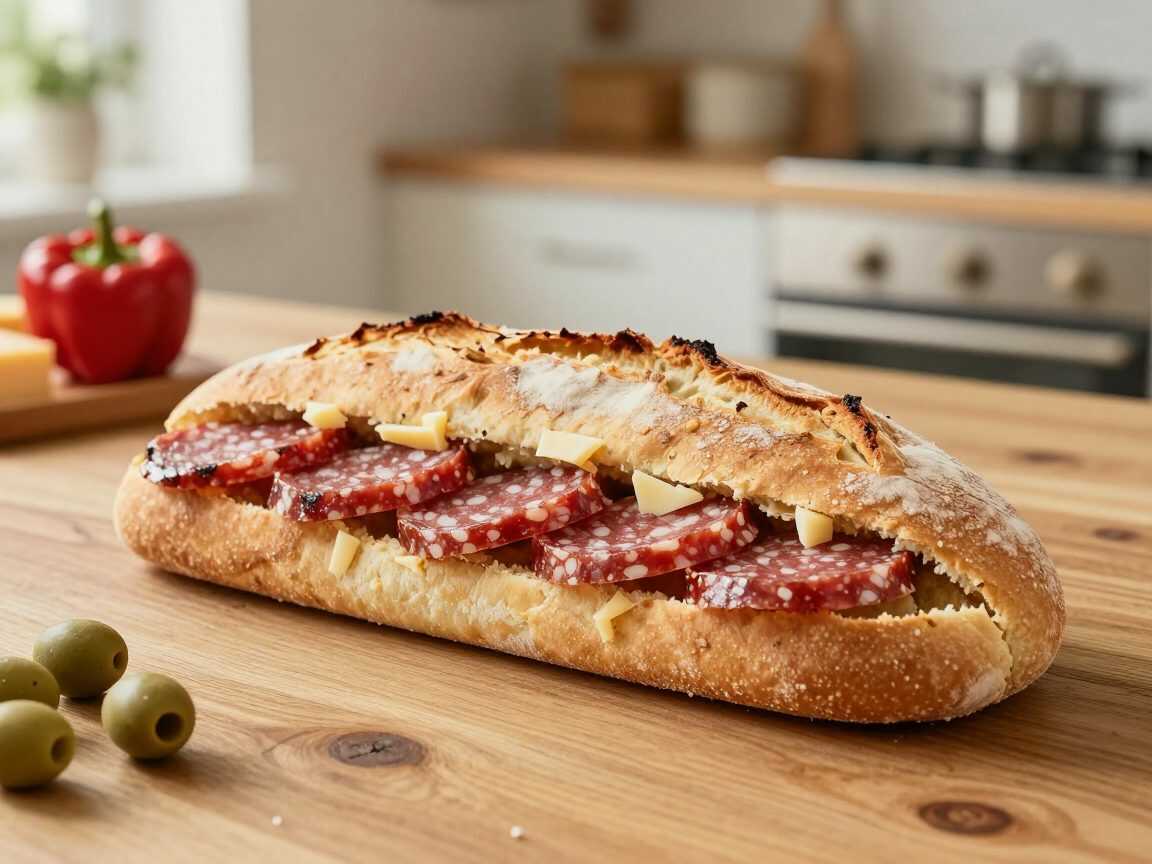 Herzhafter gefüllter Ofenbrot-Laib mit Salami, Käse, Paprika und Oliven