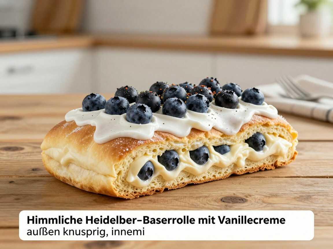 Himmlische Heidelbeer-Baiserrolle mit Vanillecreme – außen knusprig, innen herrlich cremig