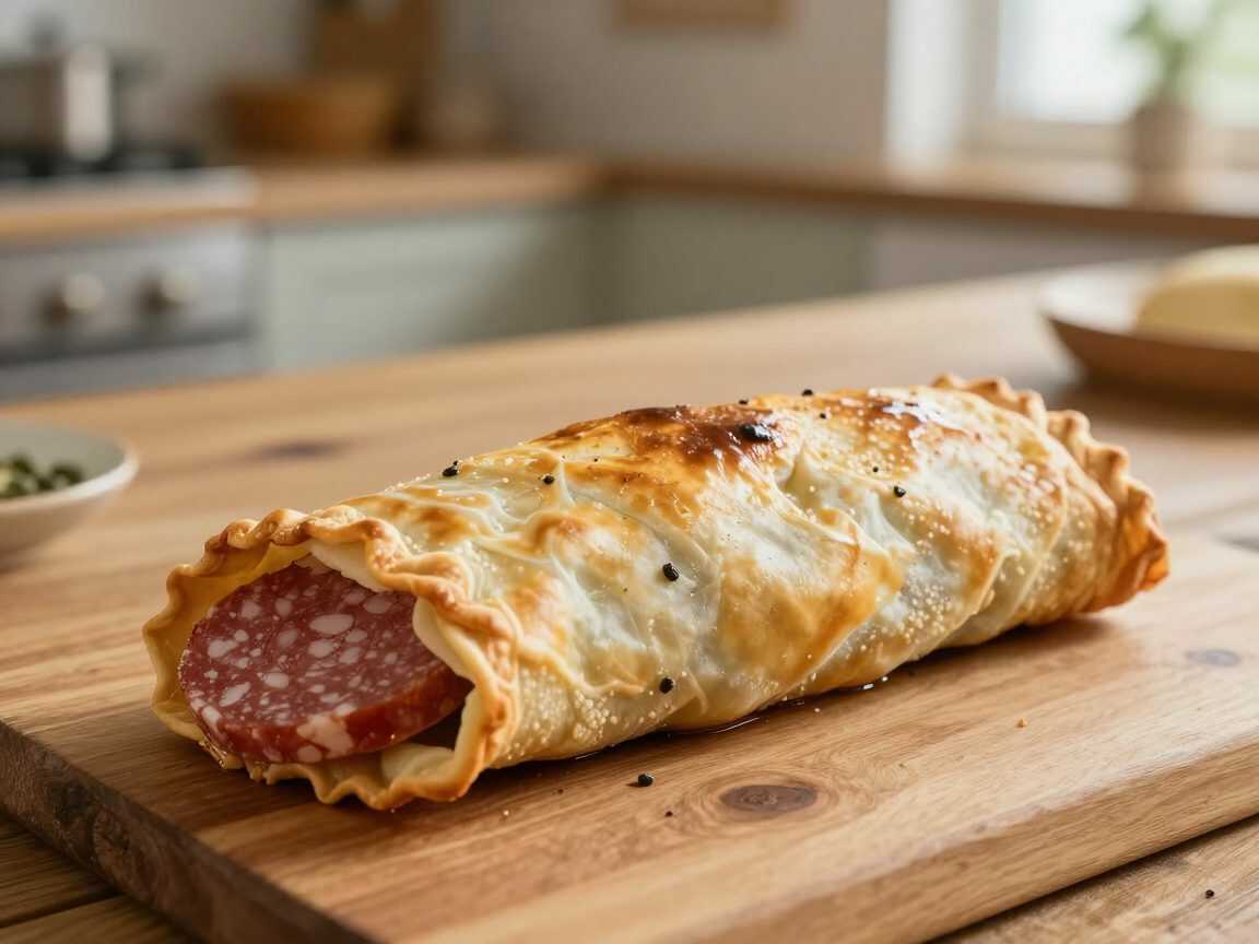Knusprige Schinken-Salami-Käse-Rolle aus Blätterteig – außen goldbraun, innen herrlich geschmolzen