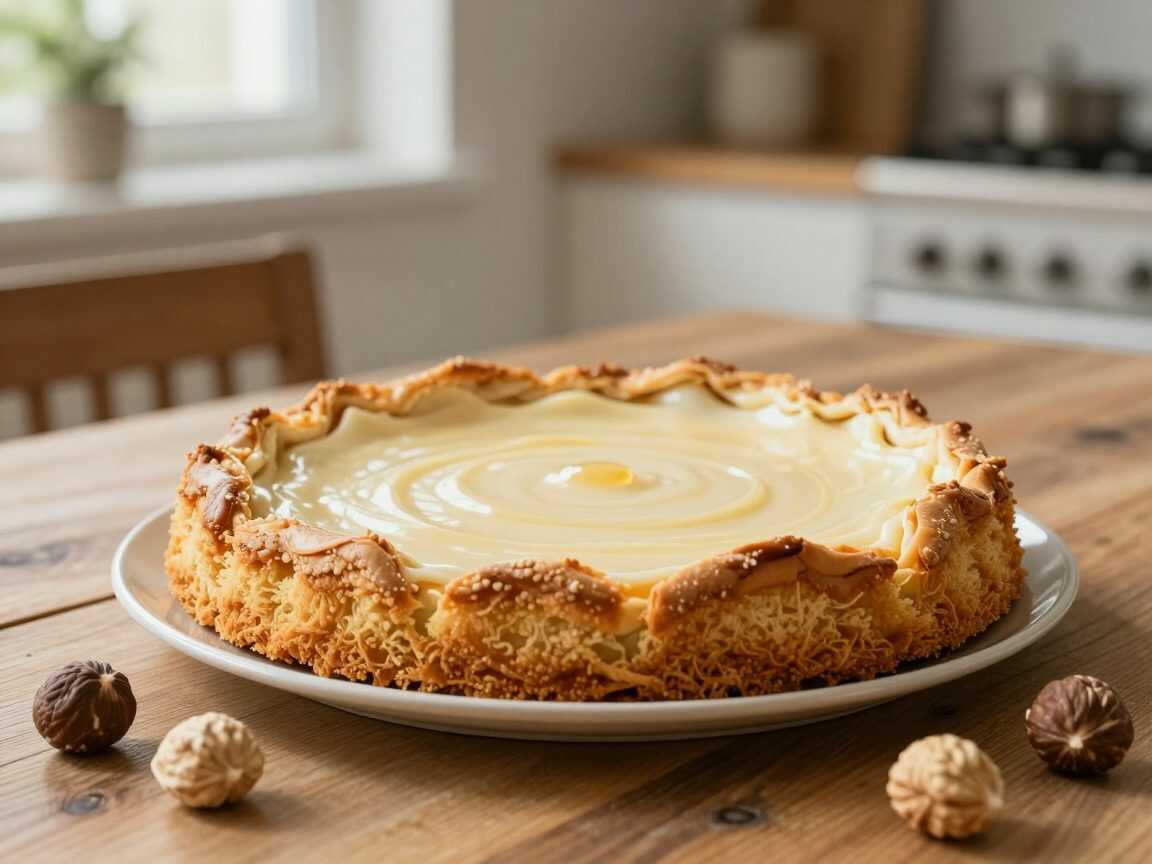 Knuspriger Blätterteig-Kuchen mit Vanillecreme, Honig und Nüssen