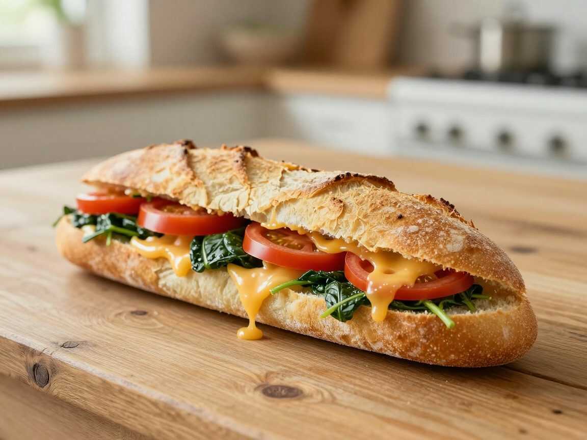 Knuspriges Ofen-Baguette mit Tomaten, Spinat und extra viel Käse – außen kross, innen herrlich cremig