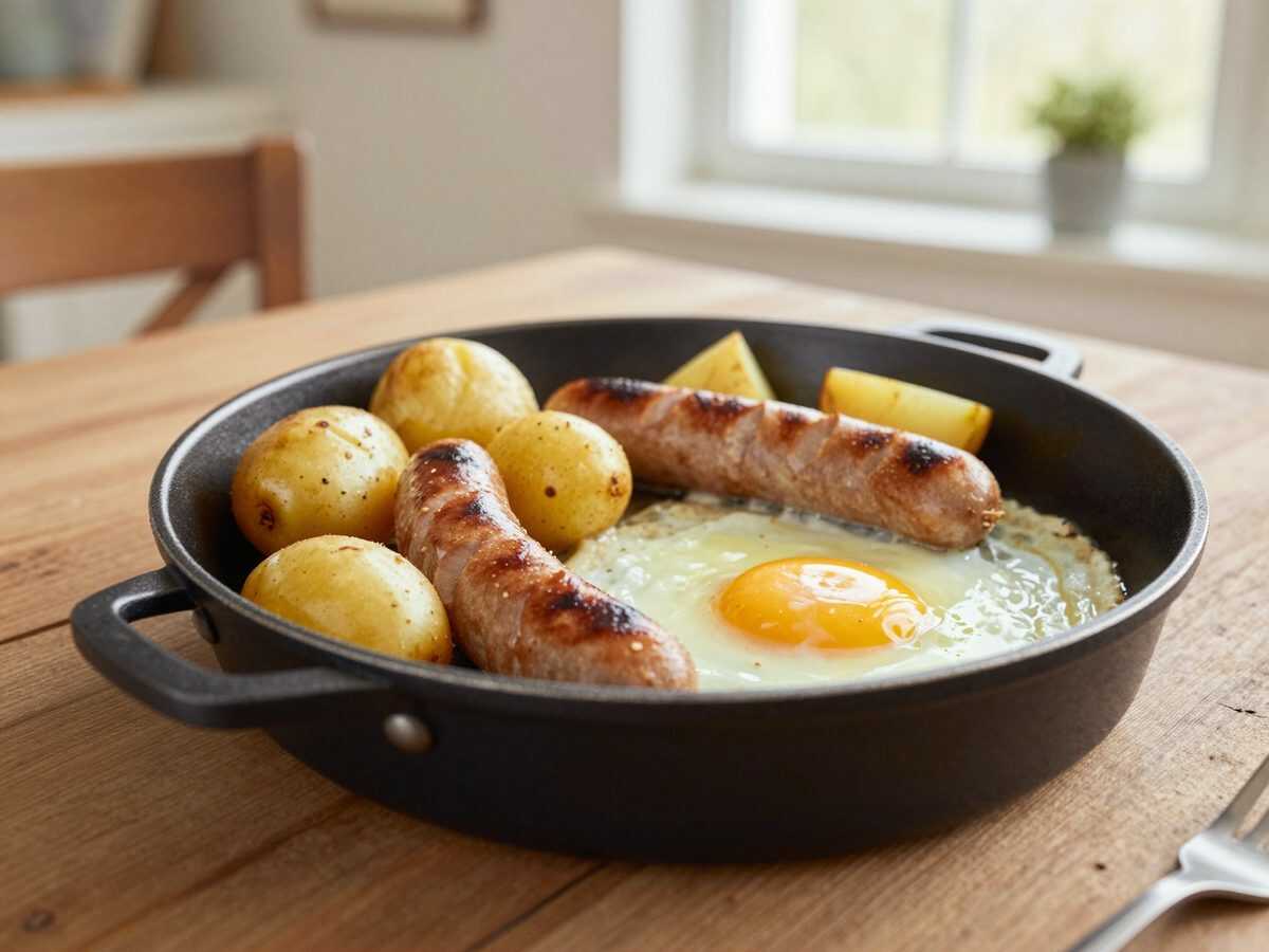 Rustikale Bauernpfanne mit Bratwurst, Kartoffeln und Spiegelei – herzhaftes Ofengericht für die ganze Familie