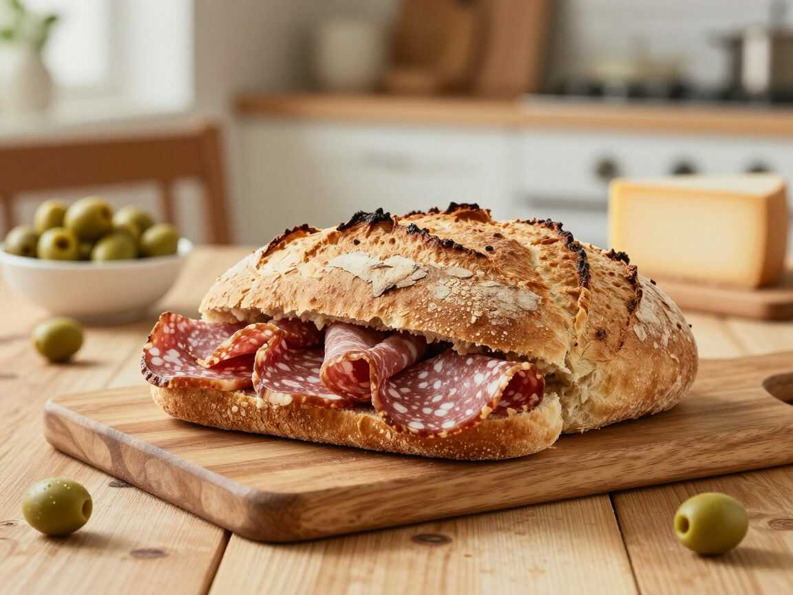 Rustikales Ofenbrot mit Salami, Schinken, Hähnchen, Käse und Oliven