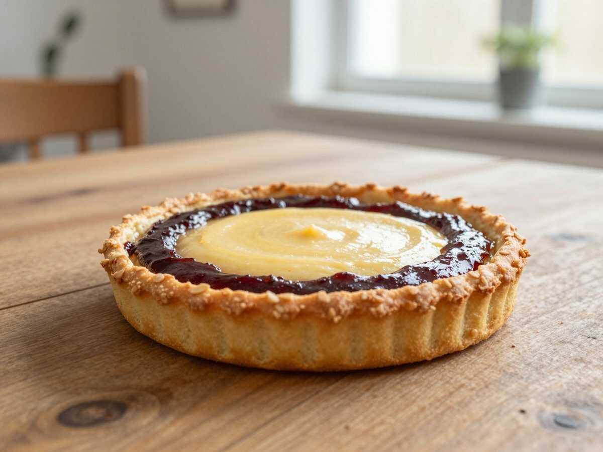 Saftige Mandeltarte mit Himbeerkonfitüre – knuspriger Boden, fruchtige Mitte und goldene Mandelcreme
