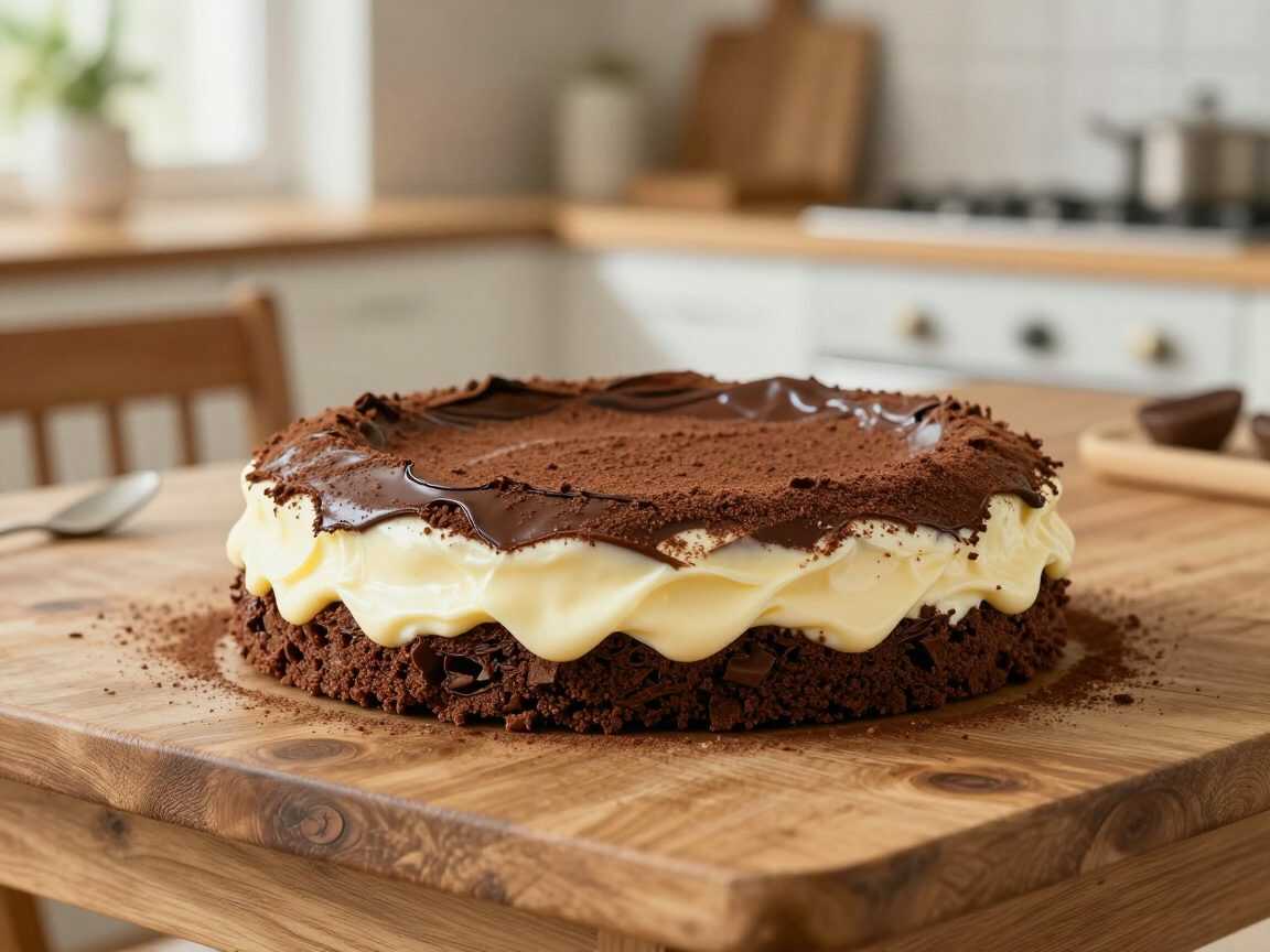Saftiger Schokokuchen mit zweierlei Creme – extra cremig mit Vanille- und Schokoladenfüllung