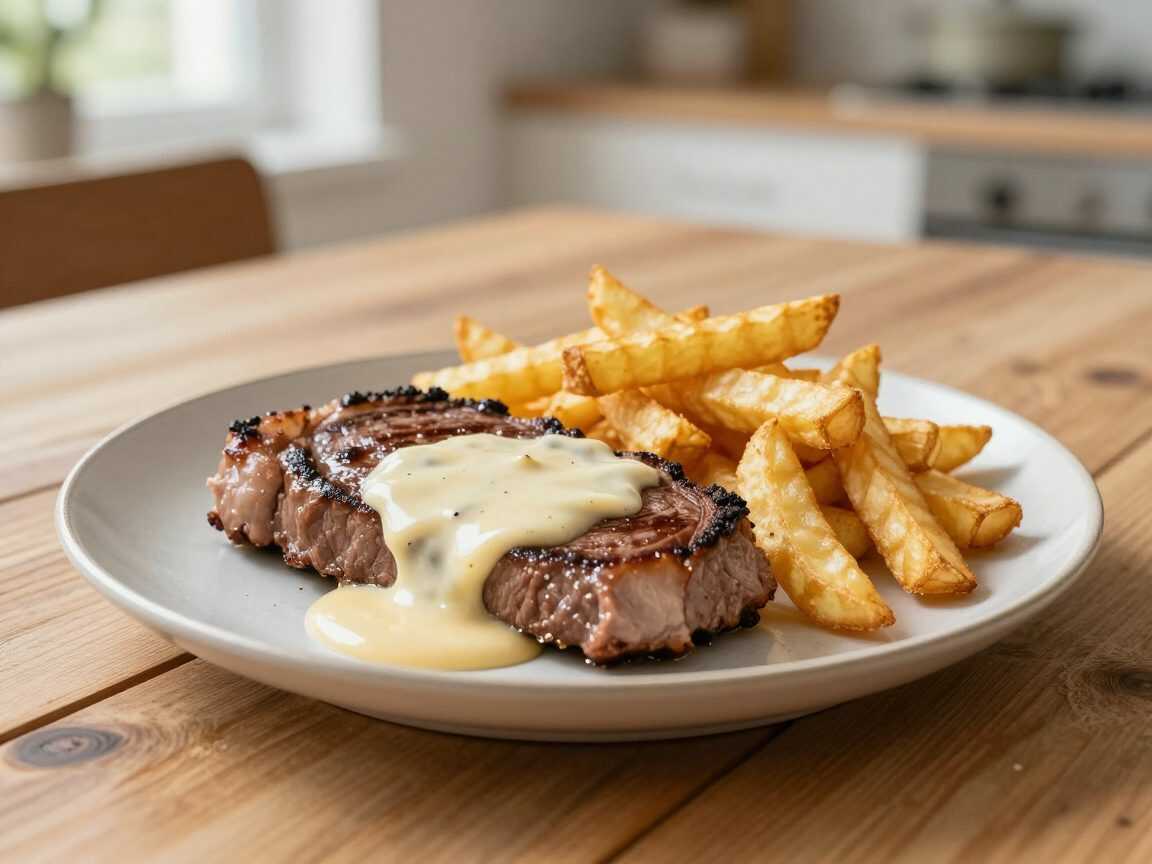 Saftiges Steak mit cremiger Champignon-Rahmsoße und knusprigen Ofenpommes