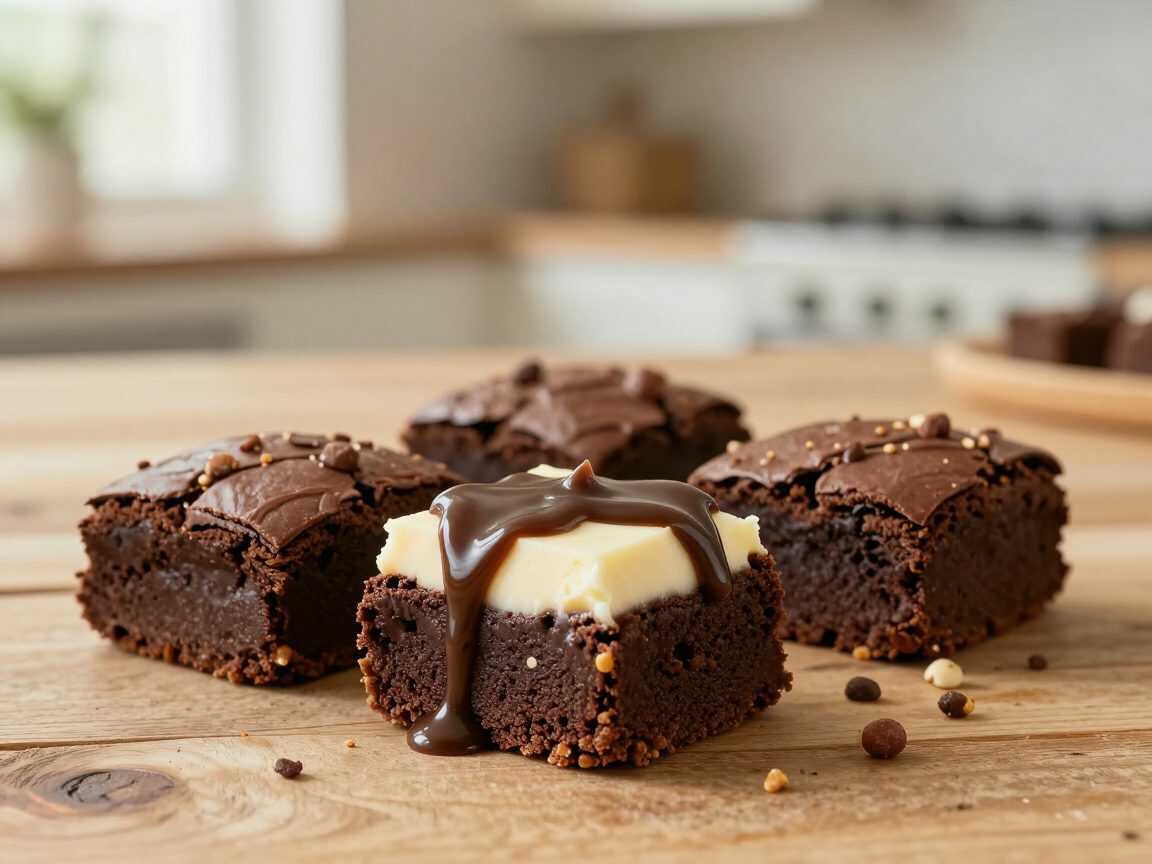 Schoko-Brownies mit Vanilleeis, Schokosauce und knusprigem Nuss-Crunch