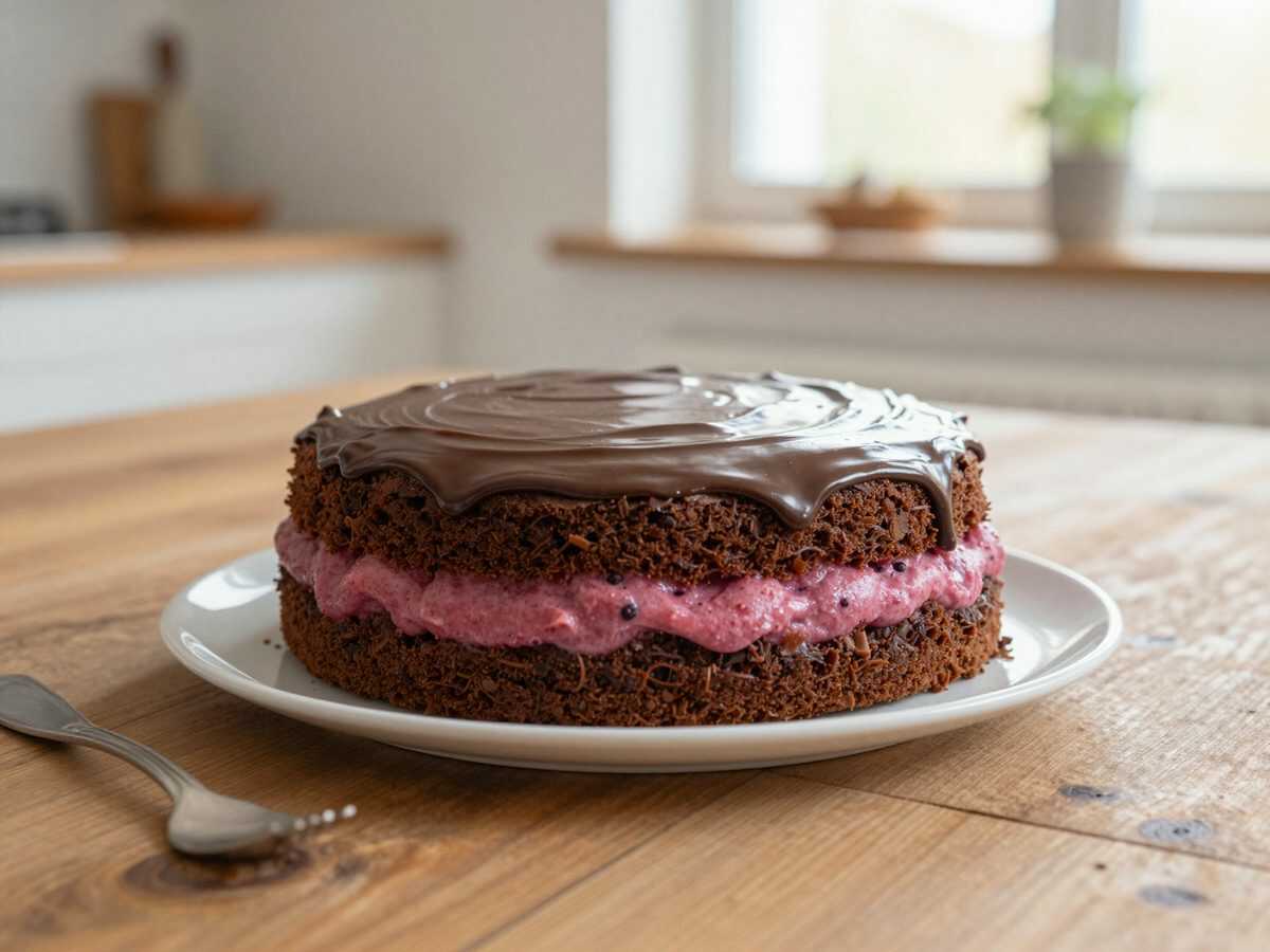 Schoko-Erdbeer-Traum: Saftiger Schokoladenkuchen mit Erdbeercreme und glänzender Ganache