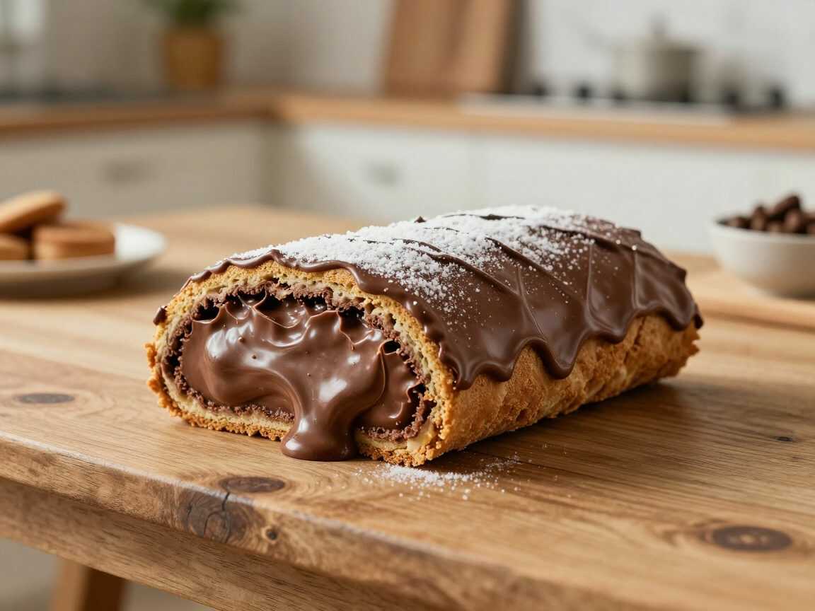 Schokoladen-Biskuitrolle mit Mokka-Creme und glänzender Ganache