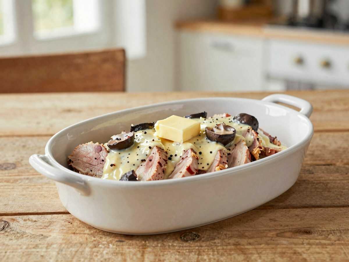 Schweinebäckchen in Weißweinsauce mit Pilzen und Speck – butterzart aus dem Schmortopf