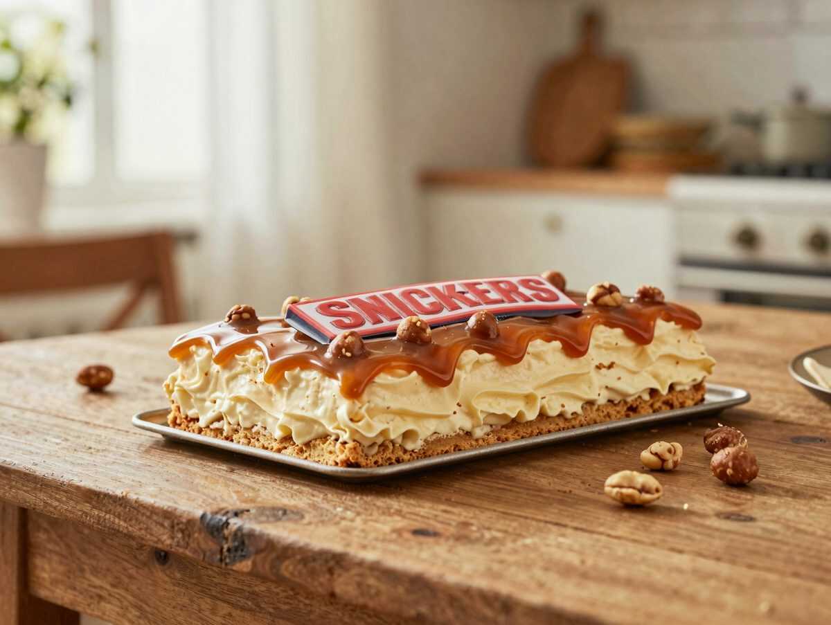 Snickers-XXL-Kuchen ohne Backen: Cremige Erdnussfüllung, Karamell und knackige Erdnüsse
