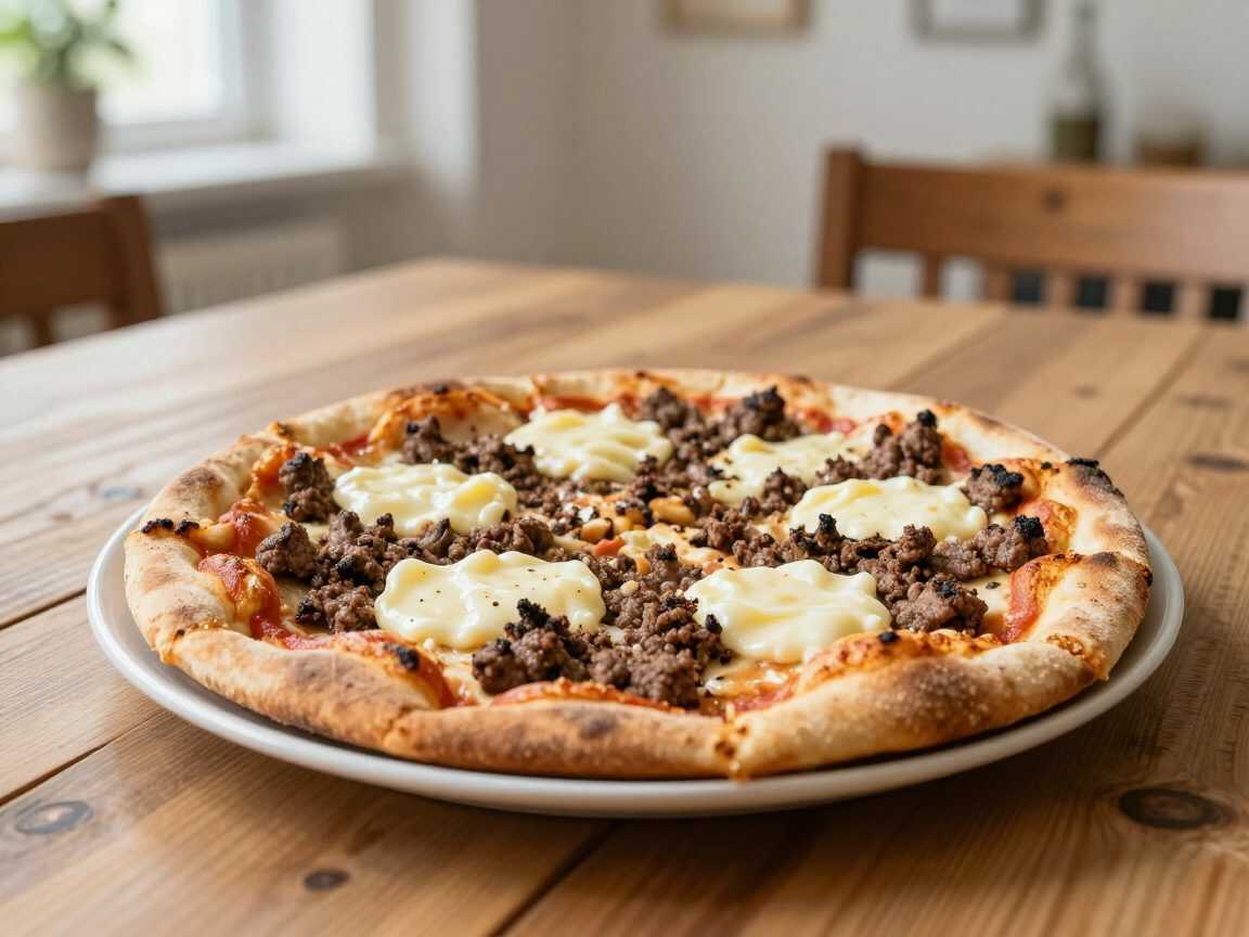 Überbackene Pizza-Burger aus dem Ofen mit Hackfleisch und Mozzarella
